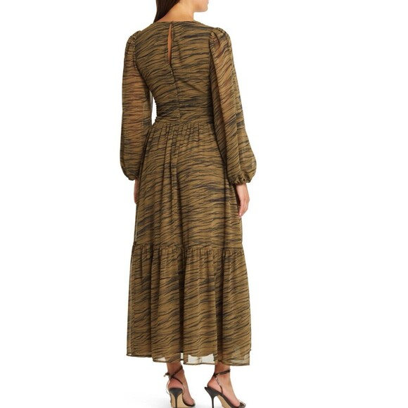 Chelsea28 Split Long Sleeve Tiered Dress In Olive Black Geode Stripe Sz M New - Picture 3 of 11
